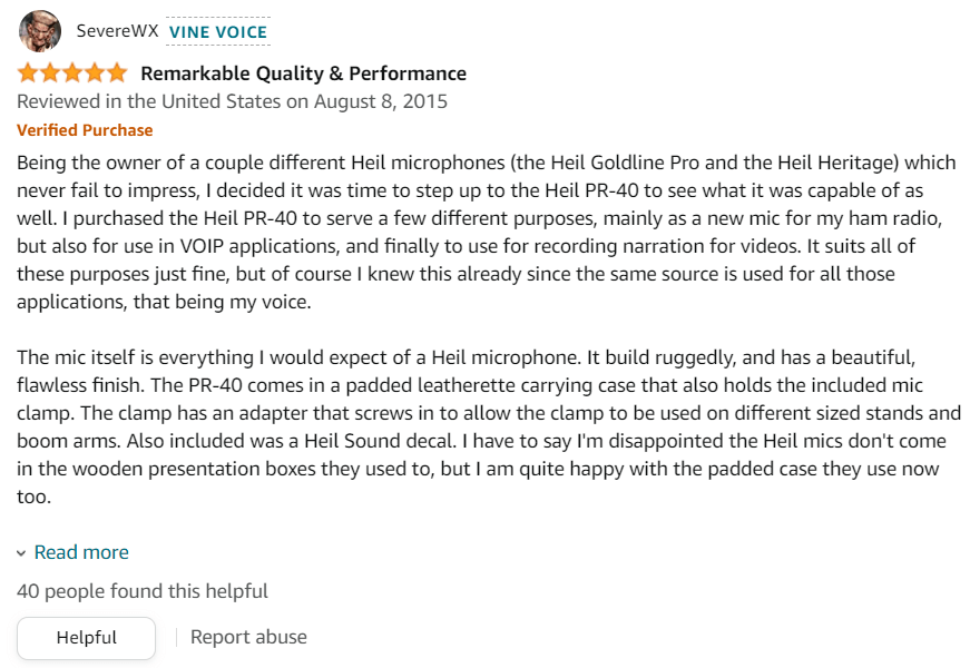 Heil PR 40 Dynamic Microphone Customer Review